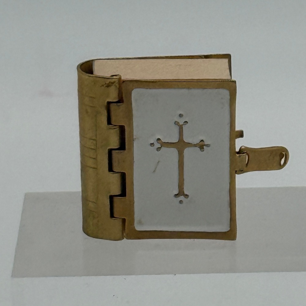 Miniature Good News Bible New Testament Gold Tone Metal Enamel Cross Cover 1.25"